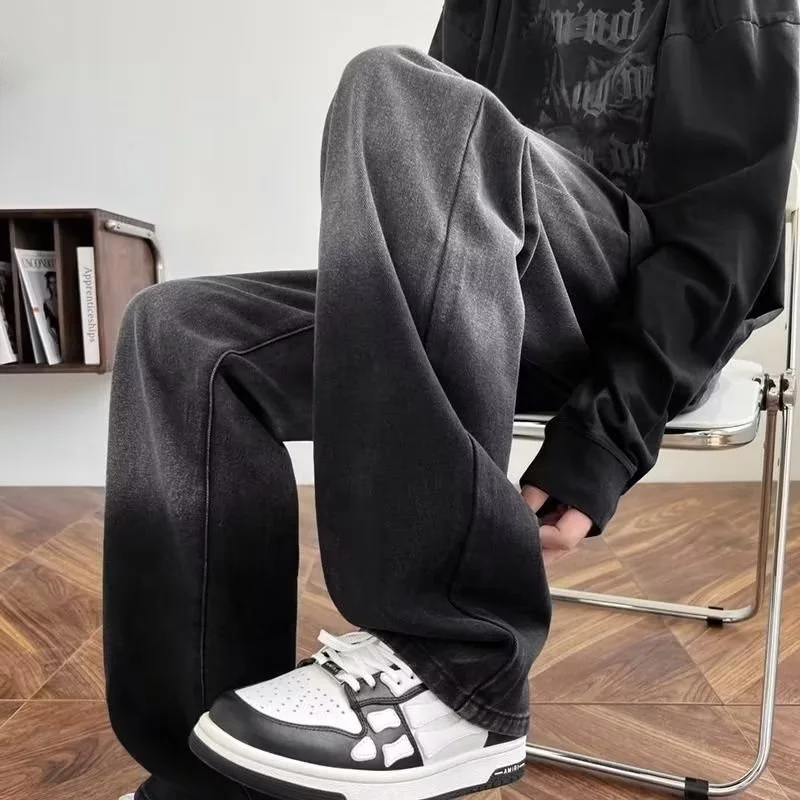 

Мужские летние тонкие джинсы из черного денима с эффектом потертости, в американском уличном стиле, прямые, свободные, широкие штанины, крутые брюки в уличном стиле