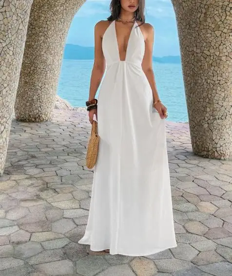 

2026 Spring/Summer New Women's Fashion Elegant Casual Style Hanging Collar Deep V-Back Dress Women's Wear