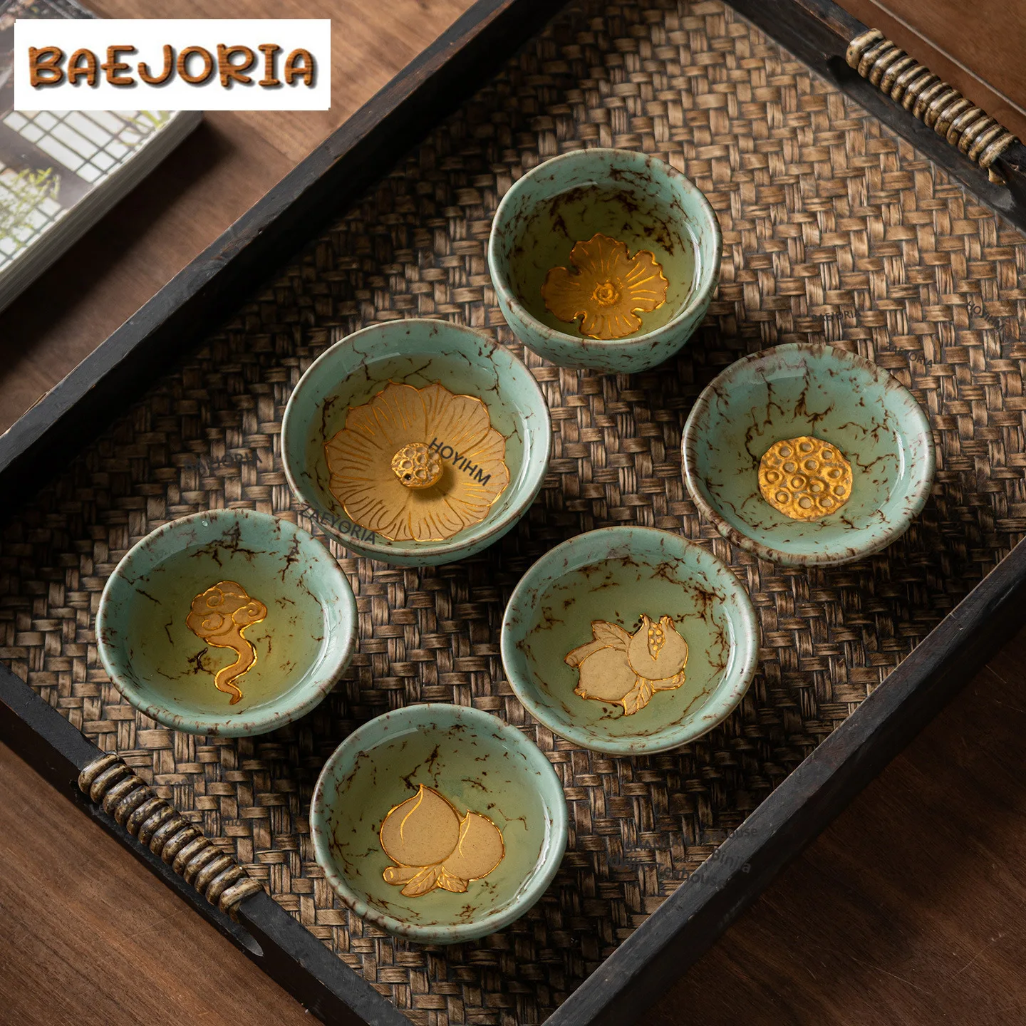 BAEJORIA Gold Drawing Green Moss Glaze Teacup Boutique Tea Bowl Cute Cup Tea-tasting Personal Cup Chazhan Master Cups Teaware