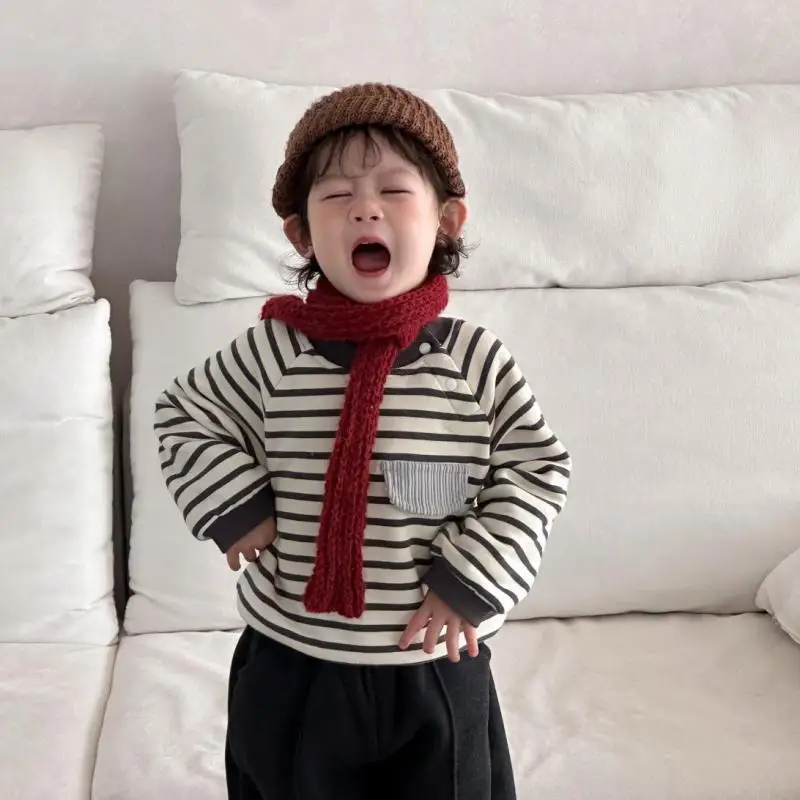 

2025 Winter New Baby Long Sleeve Fleece Sweatshirt Cotton Girls Striped Tops Plus Velvet Thick Toddler Boys Warm Pullover
