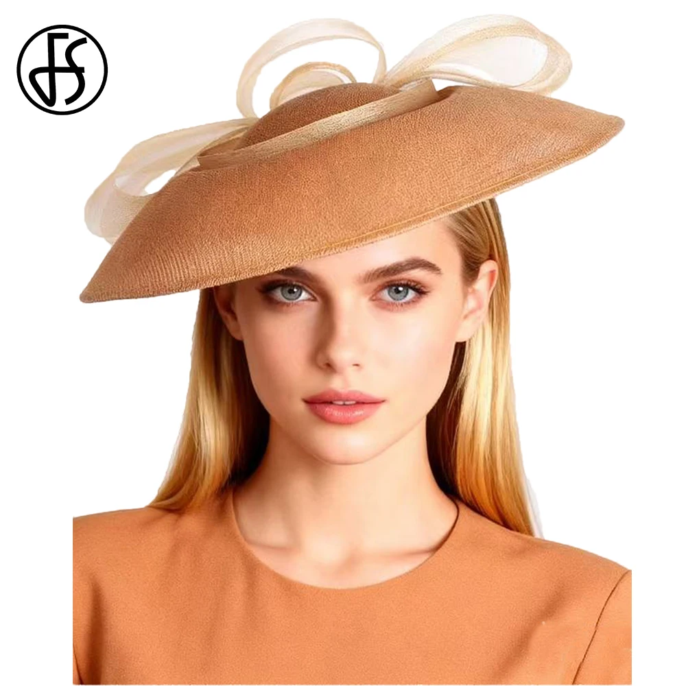 FS White Brown Wedding Bride Hat Wide Brim Church Hats For Women Elegant Luxury Ladies Tea Party Fascinator Cap Sombreros Mujer