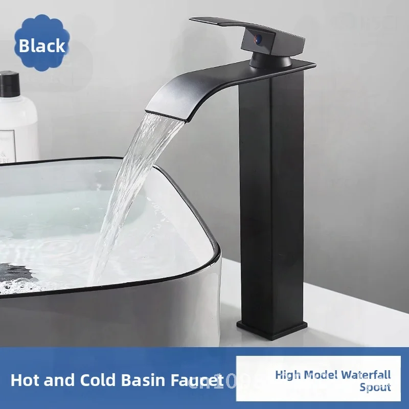 

Waterfall Wash Basin in Black Stainless Steel with High And Low Faucet for Hotel And Home Bathroom Hot And Cold Toilet Basin