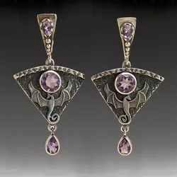 Punk Goth Dangling Earring Silver Plated Flying Dragon Inlay Purple Crystal Stone Earrings For Women Jewelry Party Accessories