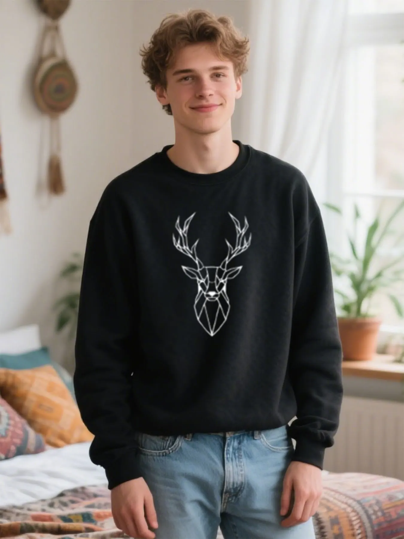 

Geometric Deer-head Print Pullover Sweatshirt Crafted From Soft Material In Regular Fit, Ideal Christmas Gift Choice Versatile