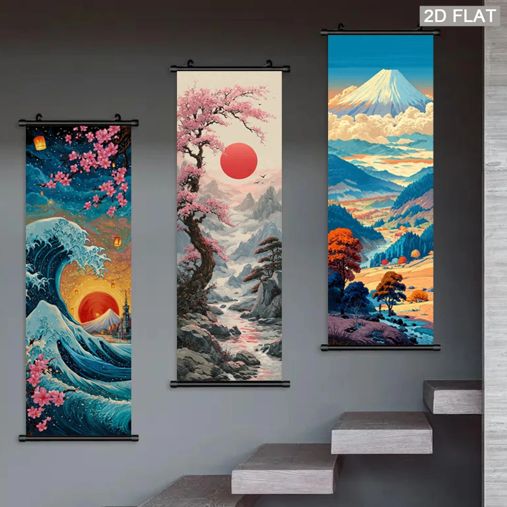 VIKAMA Japanese Ukiyo-e Scroll Tapestry, Cherry Blossoms and Mount Fuji Wall Hanging, Living Room Landscape Poster, Home Decor