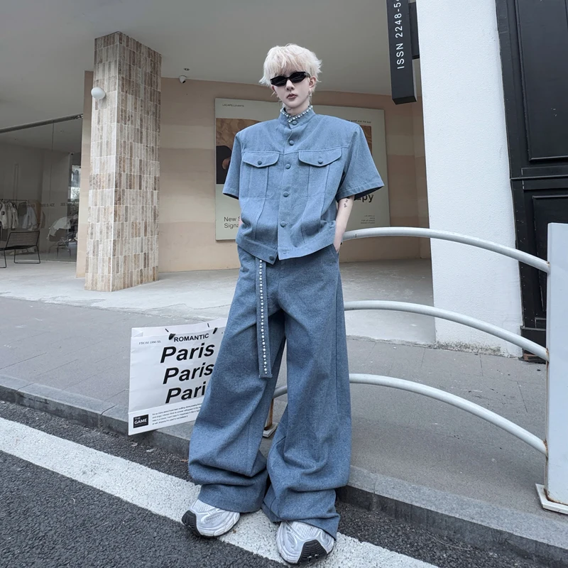 

Summer Fashion American Style Jacket Set with Pearl Design Short Sleeve Denim Shoulder Pads Stand Collar Wide Leg Pants