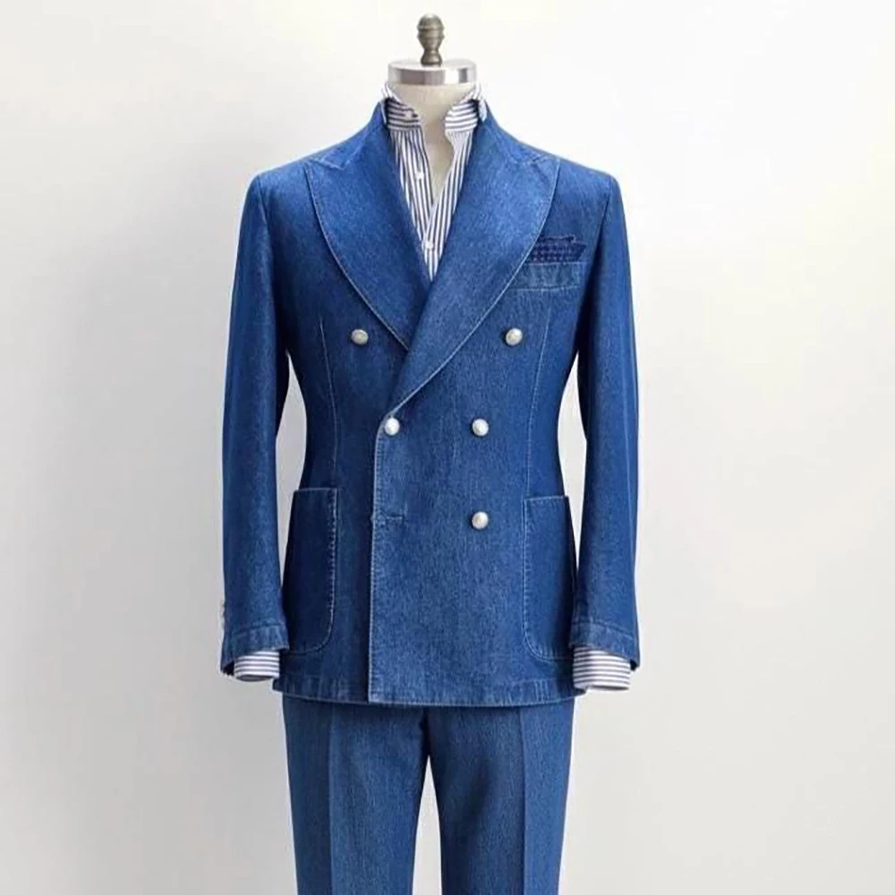 

Formal Men's Suits Casual Denim Blazer Chic Double Breasted Peak Lapel Slim Fit 2 Piece Jacket Pants Outfits Male Clothing