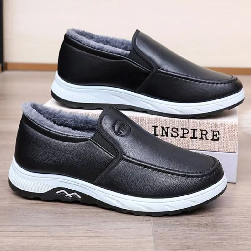Men Winter New Low Top Slip On Waterproof Cotton Shoes Soft sole Round Toe Plush Keep Warm Work Shoes Elderly Cotton Shoes