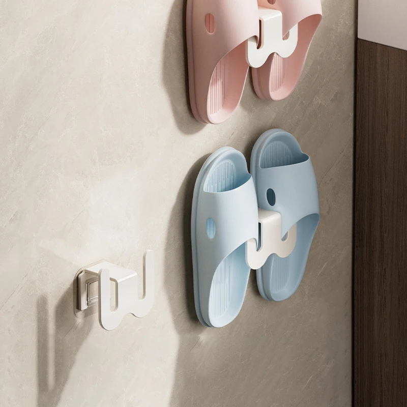 Multifunctional Wall Mounted Slipper Rack Non-Perforated Shoe Storage with Drainage and Hooks for Bathroom Door - view 4