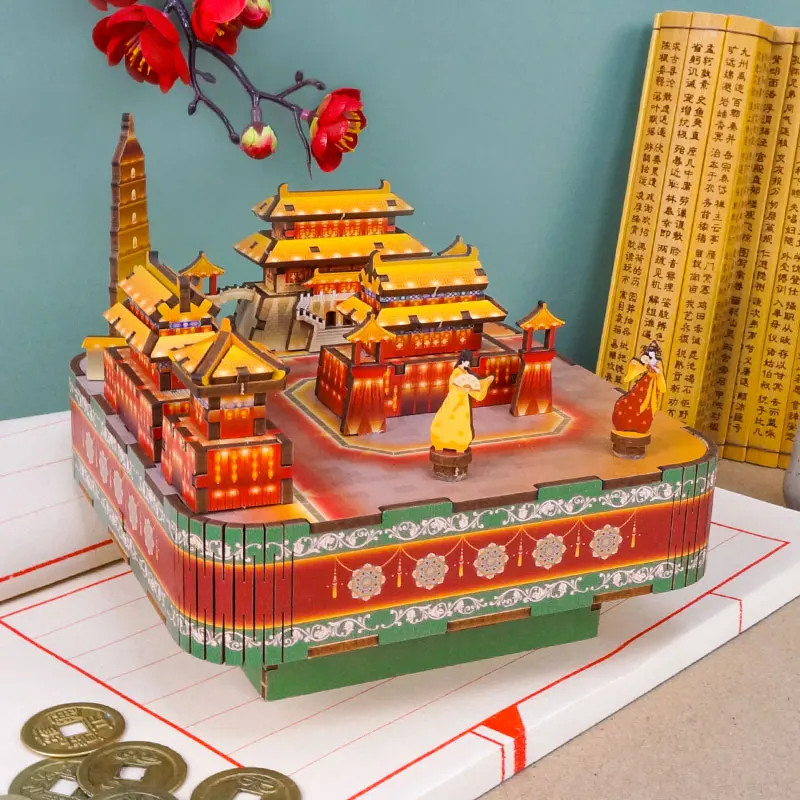 DIY 3D Wooden Dream to Tang Dynasty Music Box Miniature Model Kits Jigsaw Puzzles Can Move for Children Gifts Home Decoration