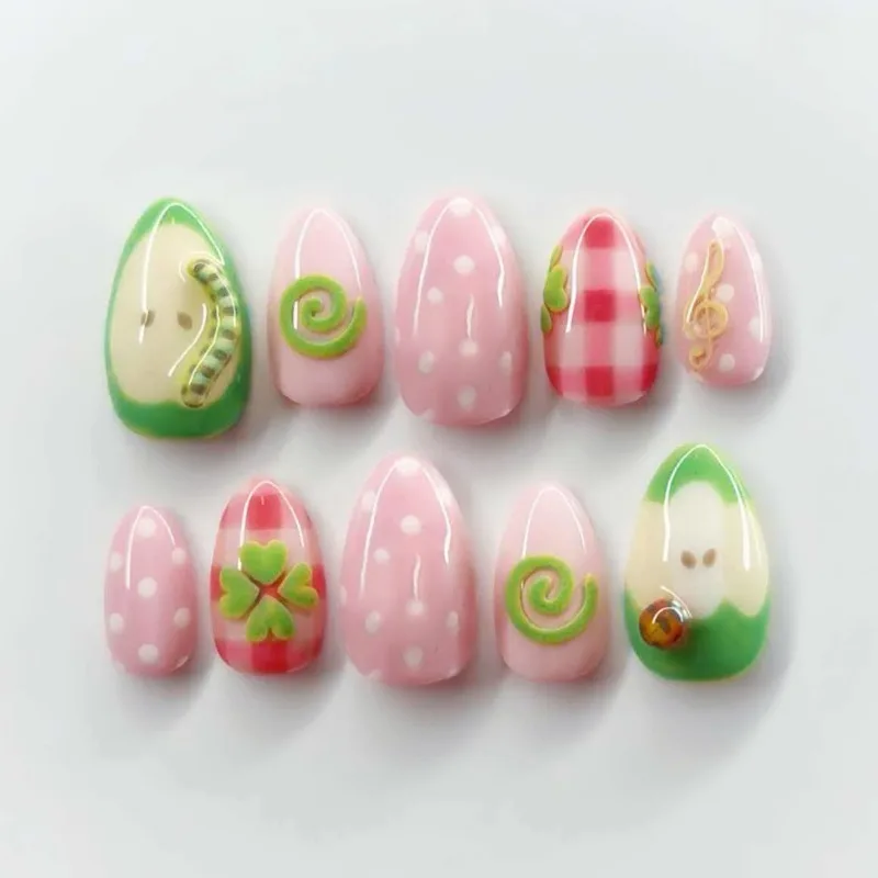 24PCS Green Cute Apple Almond Press on Nails Sweet Pink Plaid Polka Dots Fake Nails for Women with Little Bug Design False Nails