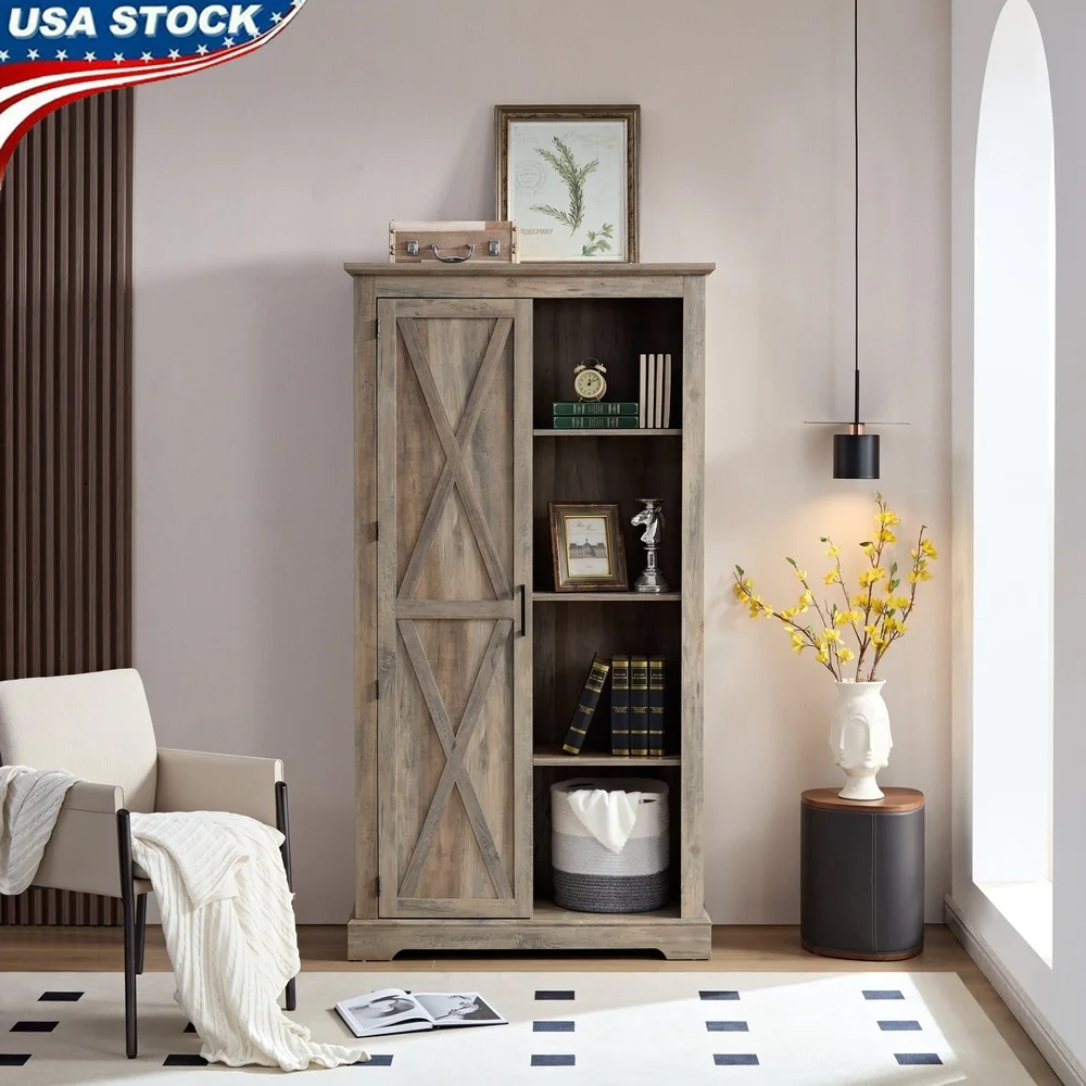 

Tall Kitchen Storage Cabinet with Sliding Doors Adjustable Shelves Rustic Wood Pantry Organizer Furniture Home and Living Room
