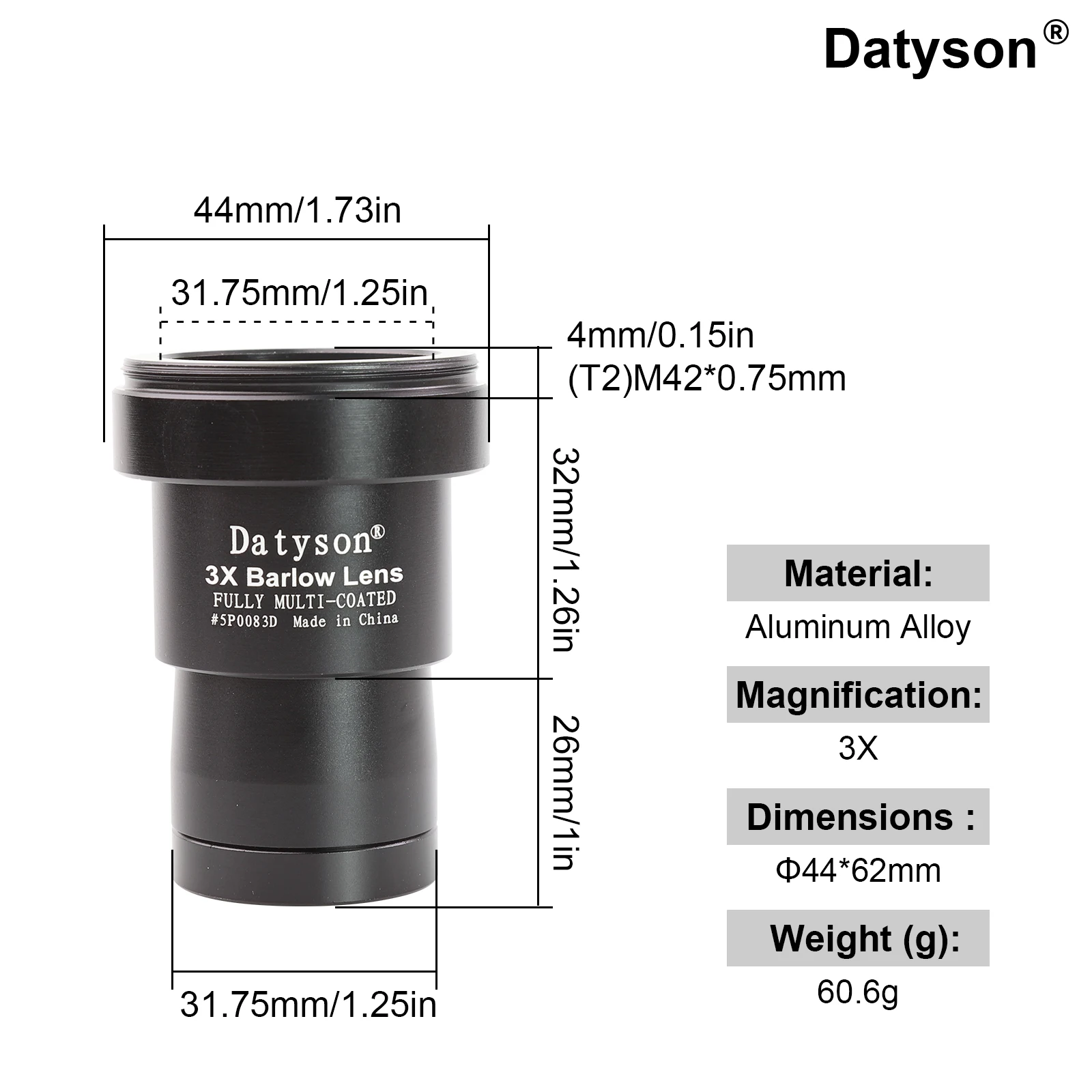 Datyson 5P0083BCD 1.25 بوصة 2x/3x/5x تلسكوب فلكي عدسة بارلو معدنية لمراقبة الكواكب المهنية