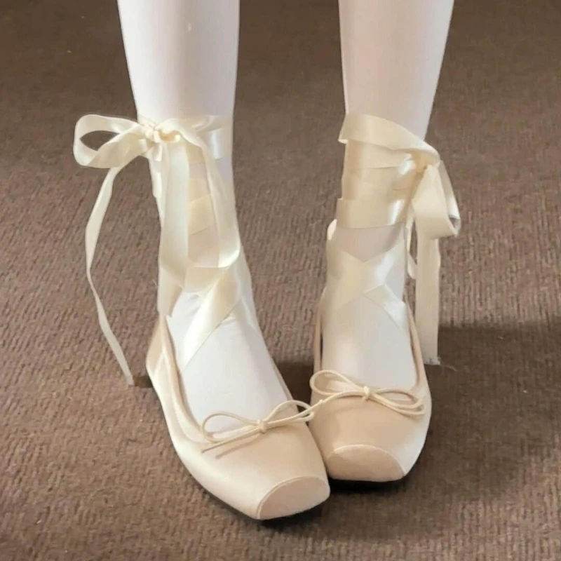 Designer Kreuzriemen Mary Jane Schuhe für Damen, Modische Eckige Zehenpartie mit Schmetterlingsknoten, Komfortable Ballerinas für Festliche Anlässe