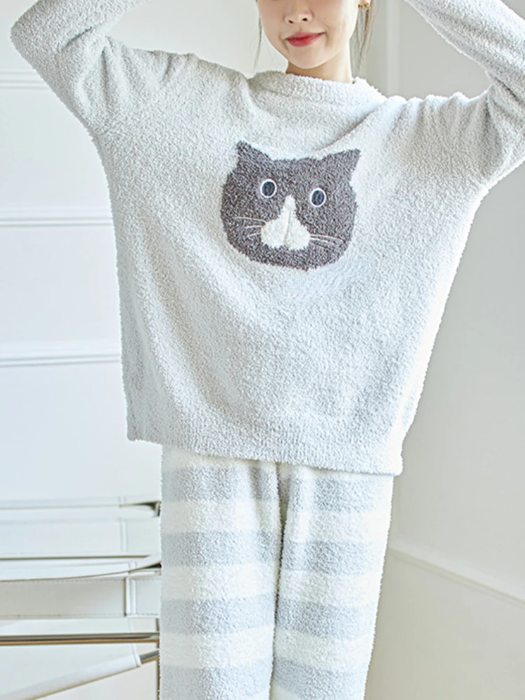 Japanese Fall Winter Warm Pajama Sets Cute Cat O-neck Pullover Tops + Loose Striped Tousers Sleepwear Women Casual Homewear Suit