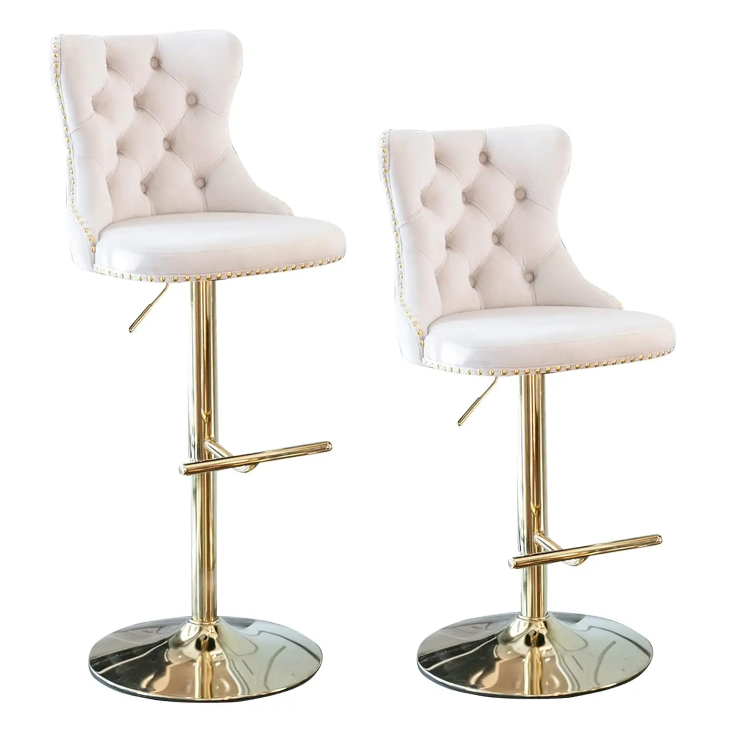 

Adjustable Swivel Barstools Set Velvet Tufted Back Nailhead Trim Golden Footrest Counter Height Kitchen Pub Beige Customized