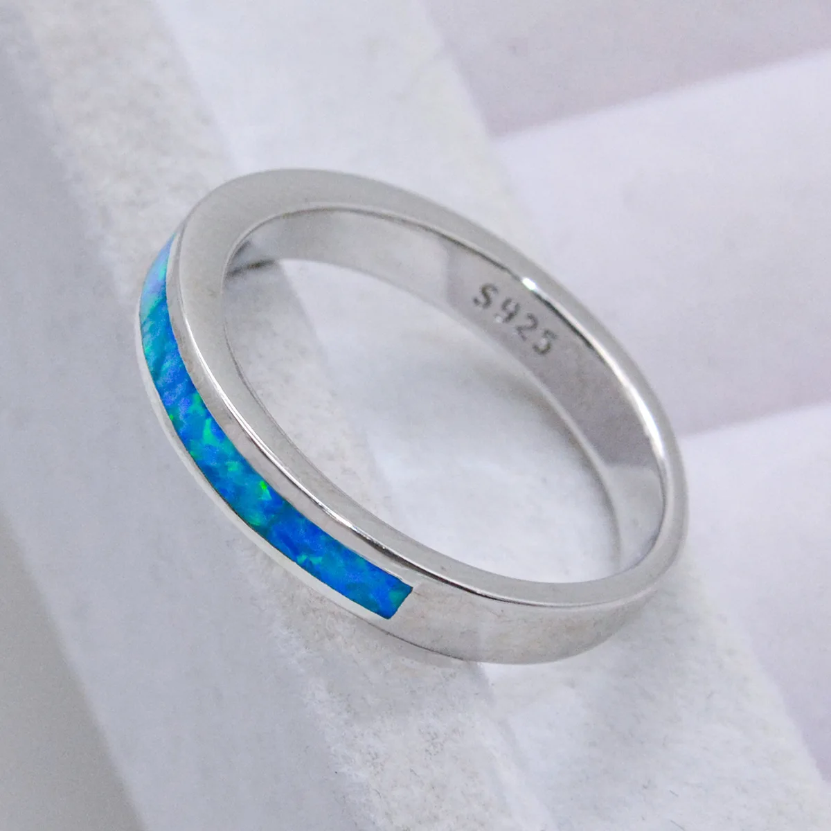 2024 Simple Single Ring Blue Opal Ring S925 Sterling Silver Simple Fashion Ring for Women