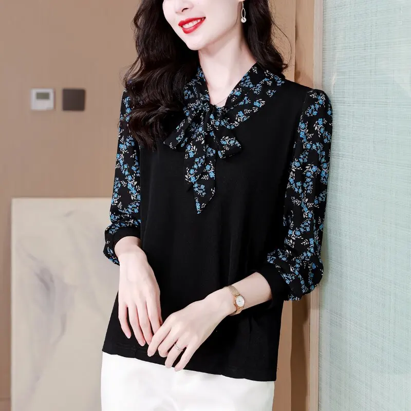 

French Style Knitted Long Sleeve Shirt Women's Base Layer Top Floral Print Bottoming Shirt Spring Autumn New Mommy Outfit