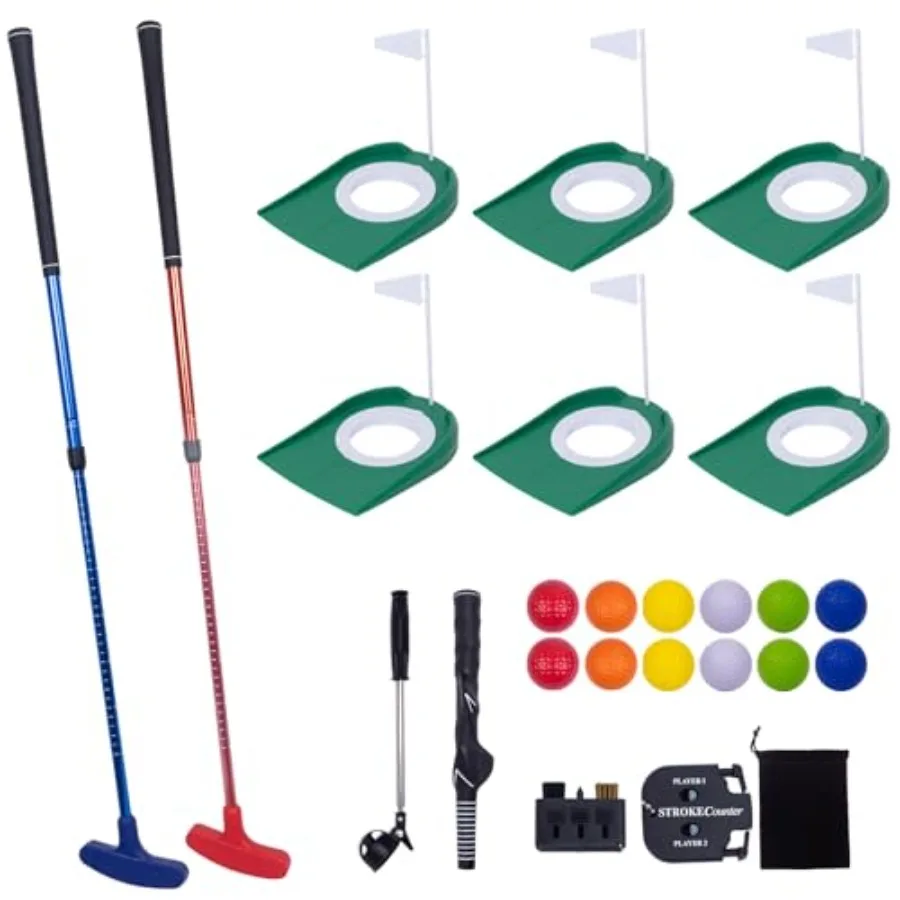 Mini-Golf-Übungsset mit Verstellbaren Puttern, 6 Flaggenlöchern, 12 Übungsbällen, Ausziehbarem Ball-Retriever und Tragbar