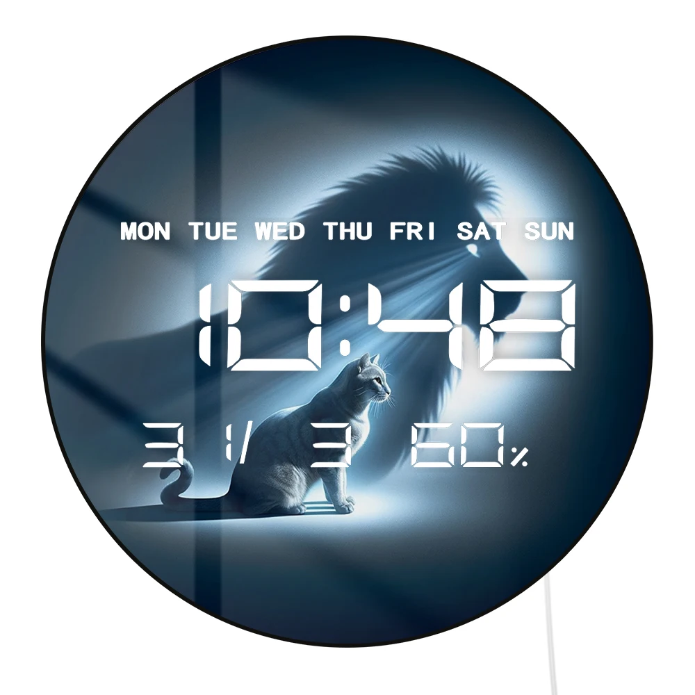 Cat and Lion Reflection LED Digital Wall Clock Big Display Temperature Humidity Date Calendar Kitty Lion Motivational Wall Clock