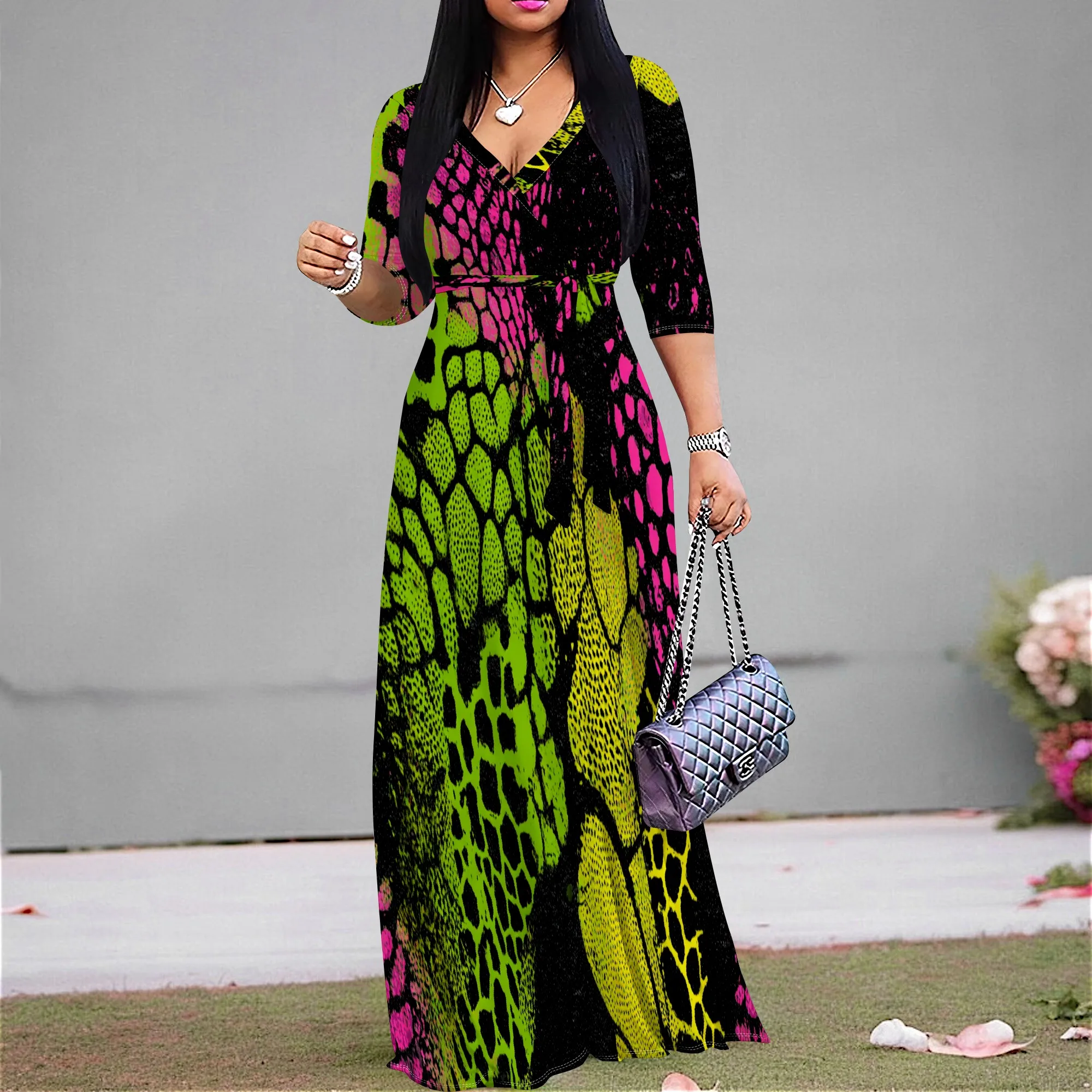

Women's African Print Maxi Dress Plus Size V-Neck Tie Waist Long Sleeve 2025 Cultural Party & Wedding Guest Outfit XS-3XL