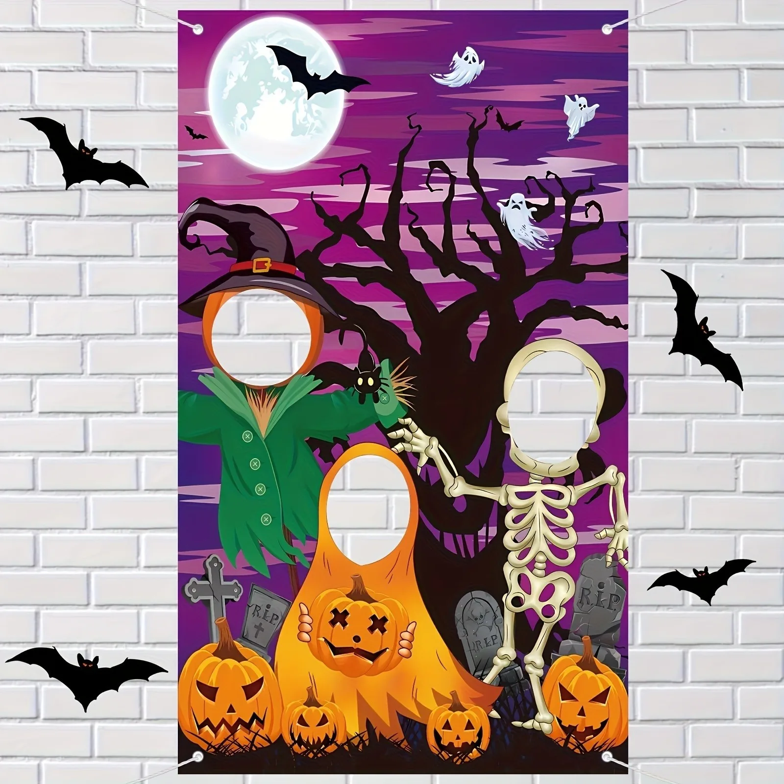 Halloween Photo Booth Door Banner Pumpkin Skeleton Ghost Cutout Face Hole Backdrop for Halloween Party Front Door Decor