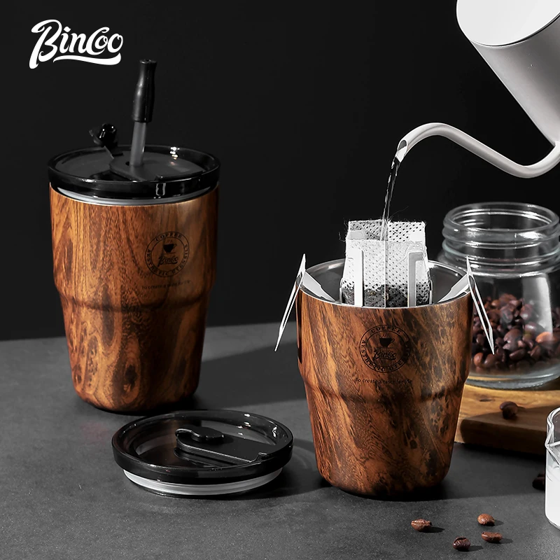 BINCOO Wood Grain Coffee Mug American Style Portable Thermal Cup Retro Stainless Steel Water Cup for Home and Office 480ML/580ML