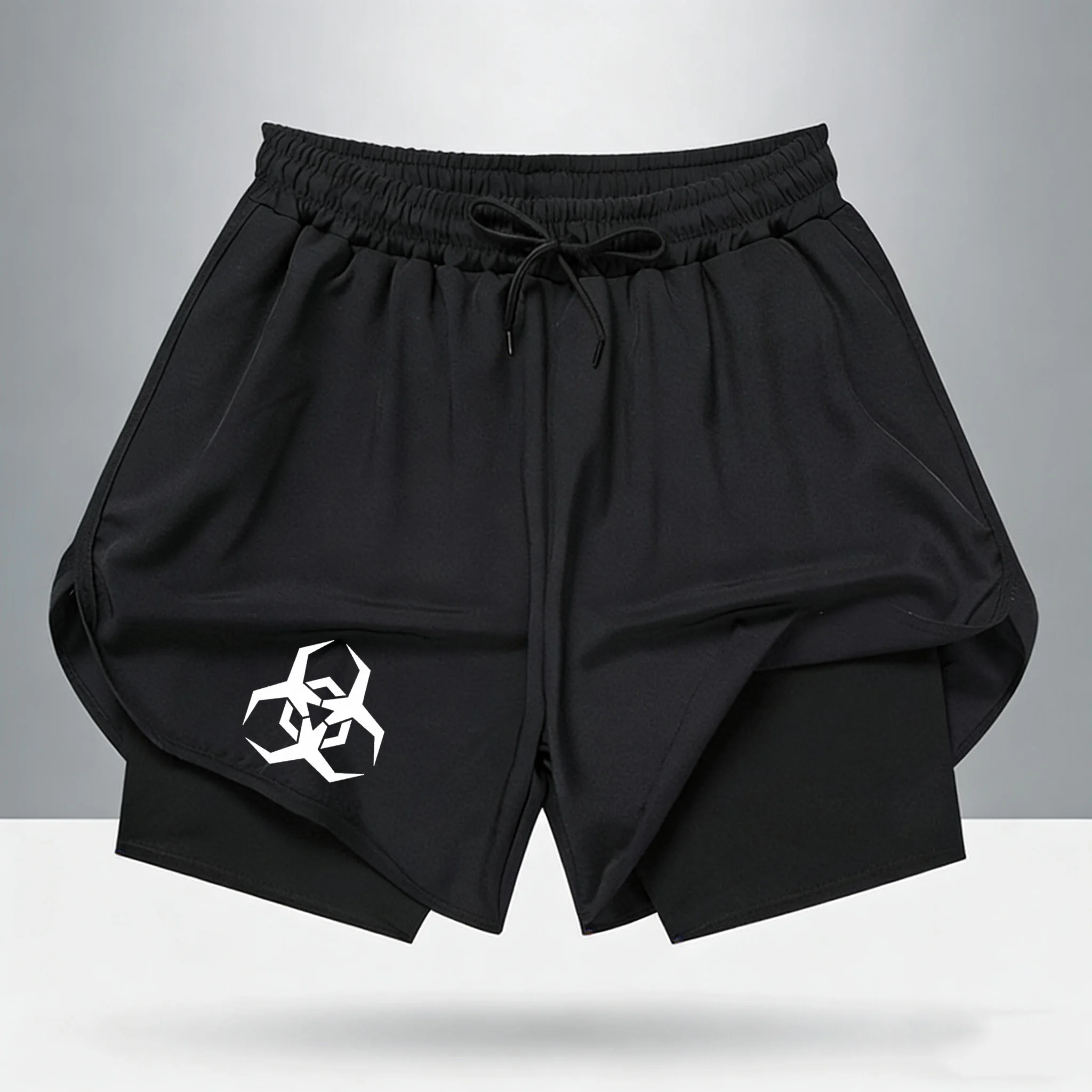 Biohazard Geometric Symbol 2 in 1 Performance Athletic Shorts Breathable Gym Workout Running Shorts with Compression Liner