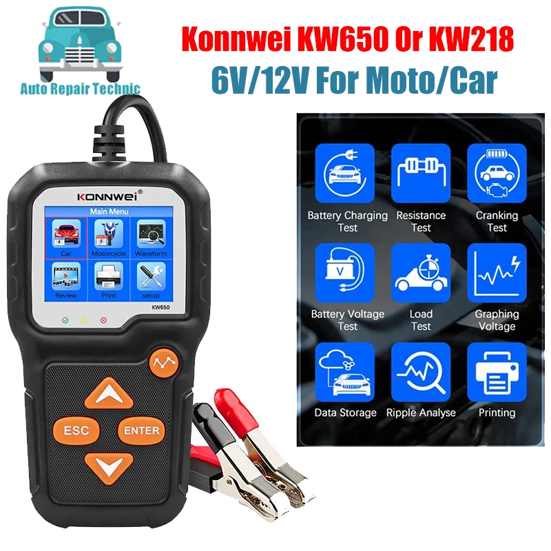 KONNWEI KW650 Car Battery Tester KW218  Motorcycle Auto Battery Analyzer 100 To 2000 CCA  Car Moto Cranking Charging Test Tool