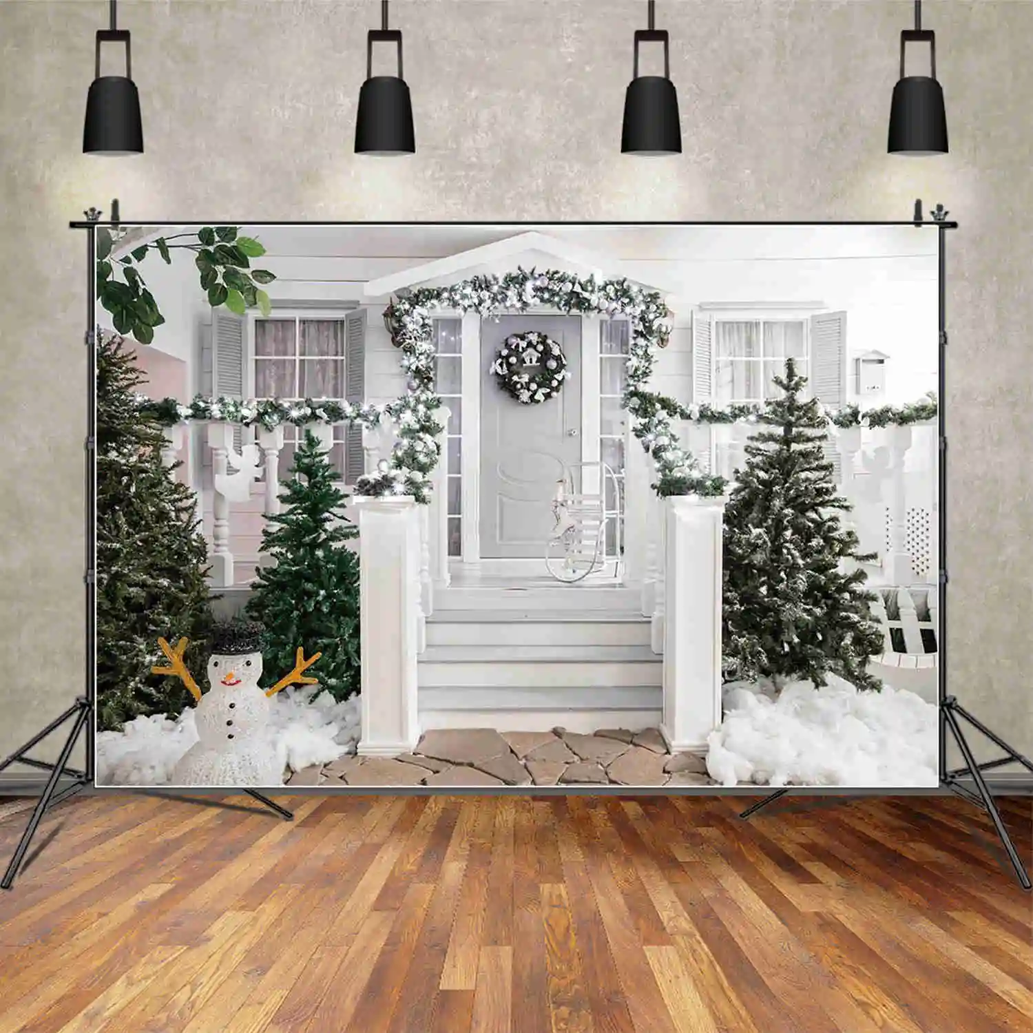 MOON.QG Christmas Backdrop Photography Door Wreach Xmas Trees Photozone Background Child Studio Photobooth Accessories