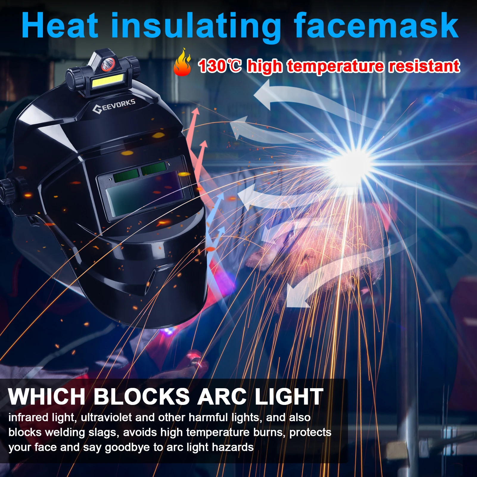 Automatic Dimming Welding Facemask Large View True Color Auto Darkening Welding Facemask 130℃ High Temperature Resistant for Arc