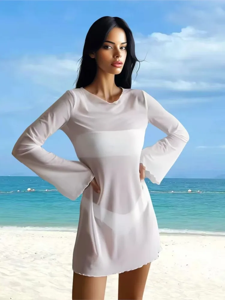 ผู้หญิงเซ็กซี่ตาข่ายชายหาดชุดคลุมบิกินี่น้ำหนักเบาเสื้อคลุมแขนกระดิ่ง,ชุดวันหยุดฤดูร้อนสำหรับผู้หญิง