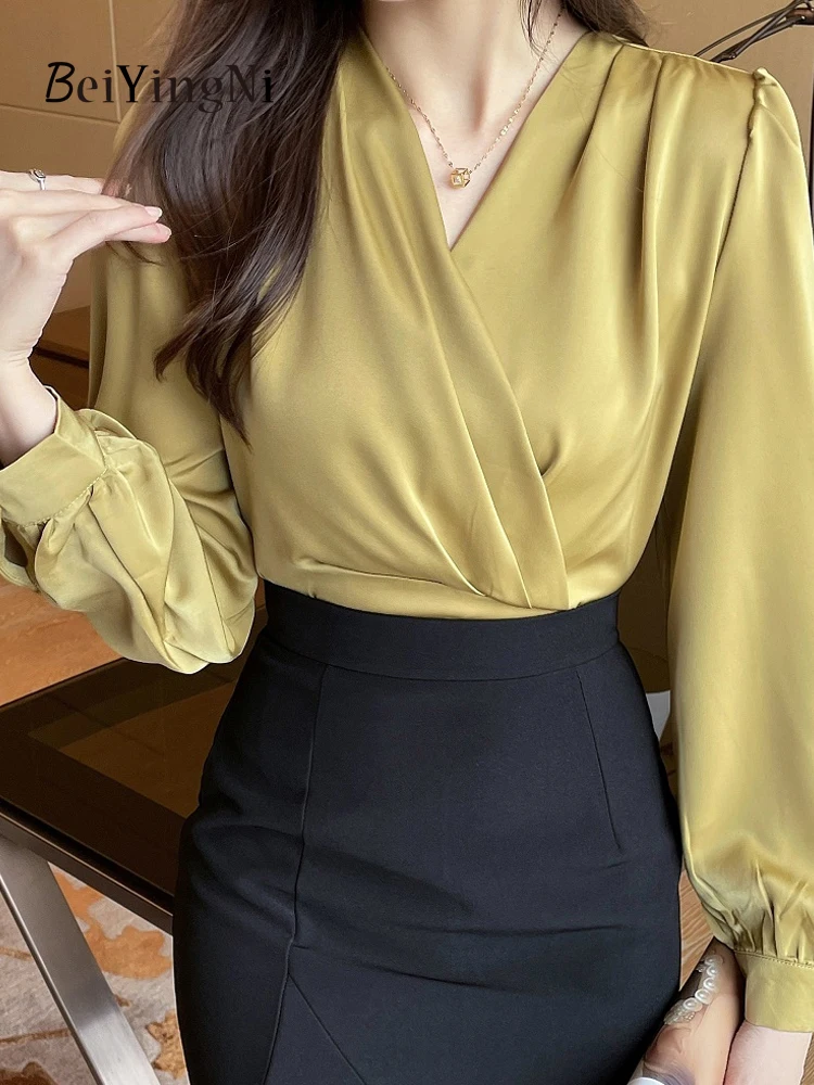 Beiyingni Korean Elegant Blusas Women Solid Color Ruched OL High Street Vintage Loose Long Sleeve Blouses And Tops Female Shirts