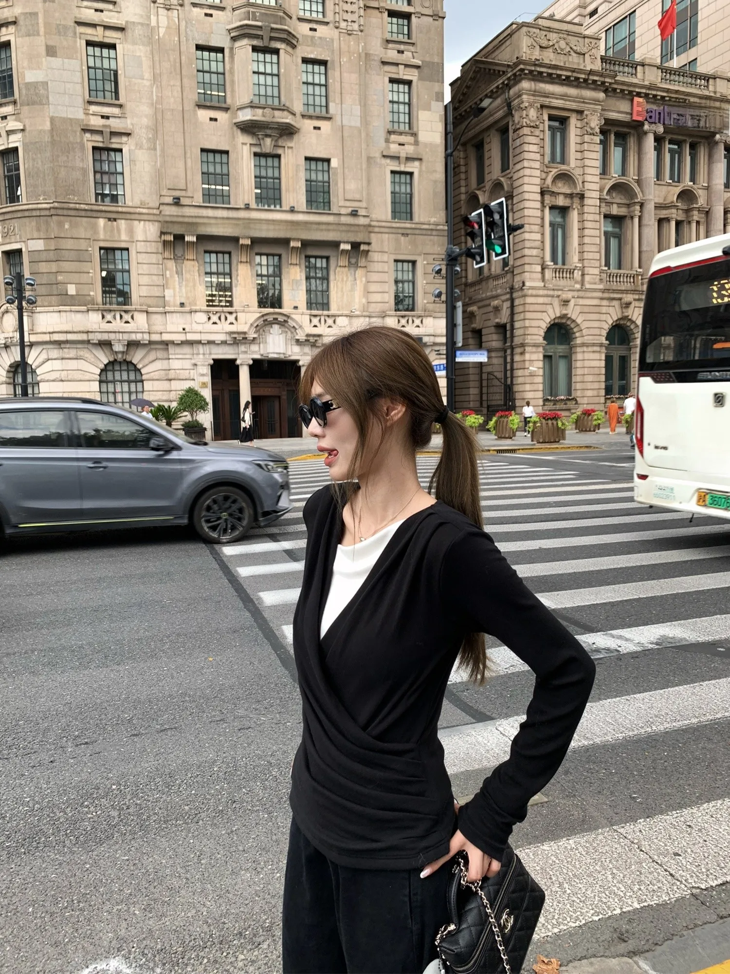 

High Waist Knitted Top with Pleated Design Color Blo Waist Cinching Women's Casual Sle Long Sve Color Crew Ne