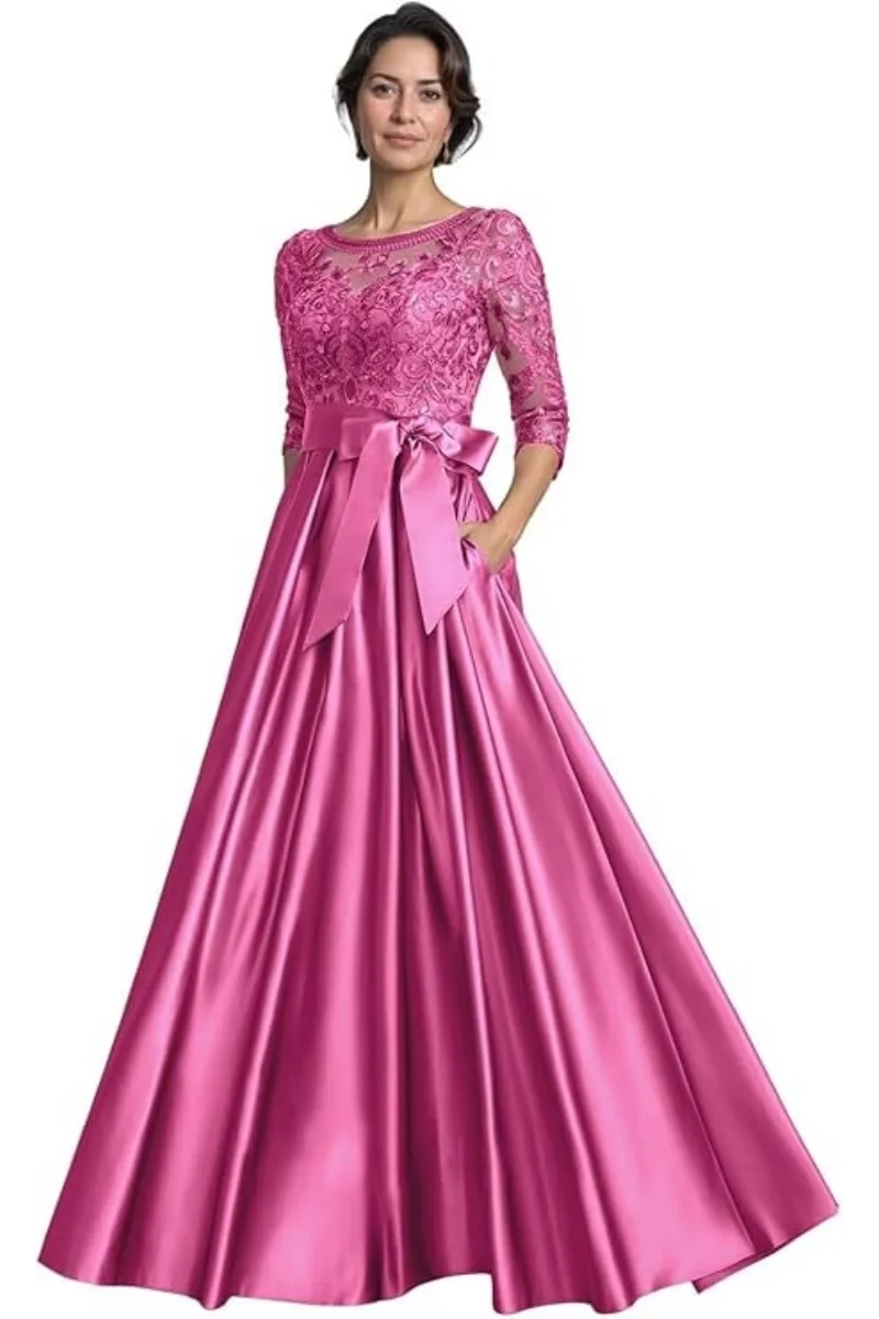 Abiti per la madre della sposa per matrimonio Abito da sera lungo con applicazioni in pizzo di raso con maniche a 3/4 e tasche Abito da ballo con scollo tondo
