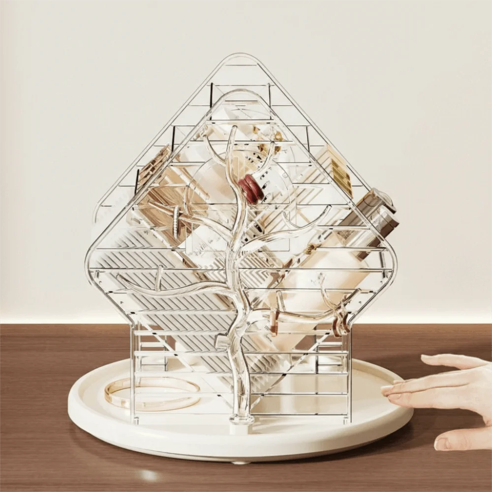 

Большая вместимость 360 ° Вращающийся органайзер для косметики с разделителями, экономящий место, нескользящий пластиковый контейнер для хранения косметики