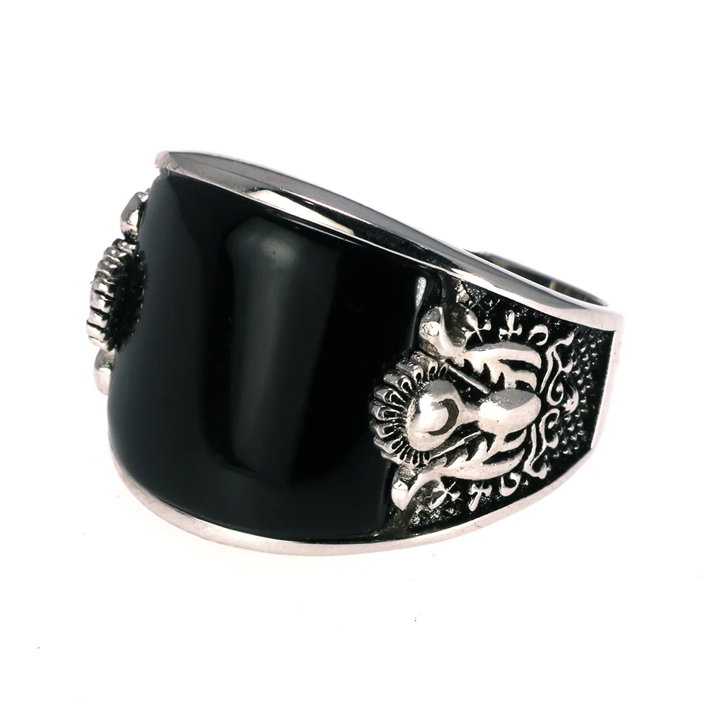 Vintage Punk 925 Rings With Natural Black Onyx Stone Unique Curved Surface Biker Rings For Men - Image 6