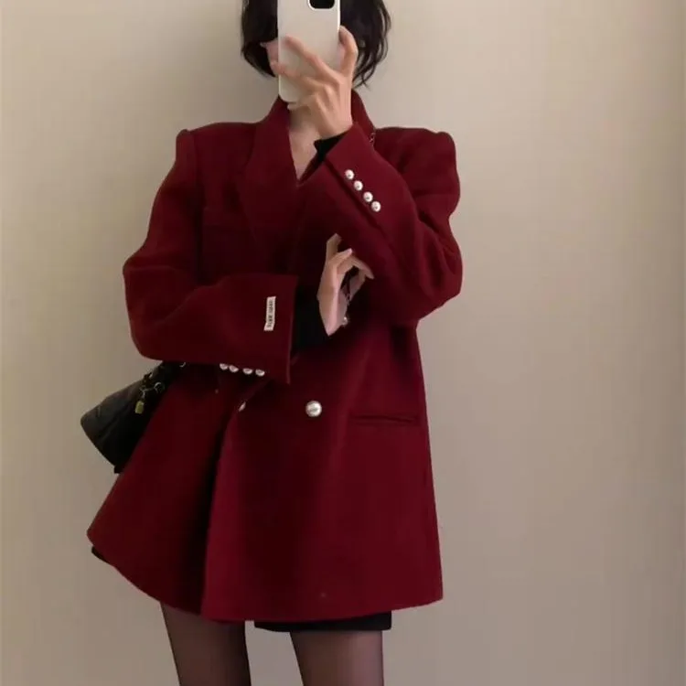 بدلة حمراء Jaet للسيدات Cisas Faion تصميم أصلي فضفاض من البوليستر طويل Sve معطف مزدوج الصدر بلون نقي #4