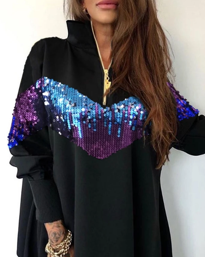 Women's fashion new long sleeved top with contrasting sequins stand up collar zipper design, retro minimalist long sleeved top