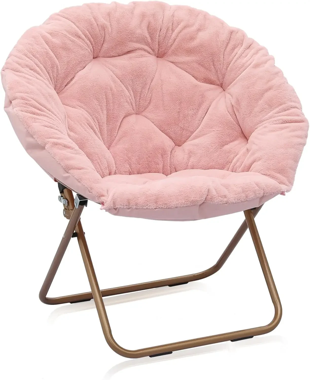 Round Folding Faux Fur Saucer Chair for Bedroom Living Room Dorm Garden Courtyard Foldable Metal Frame Oversized Large Comfy