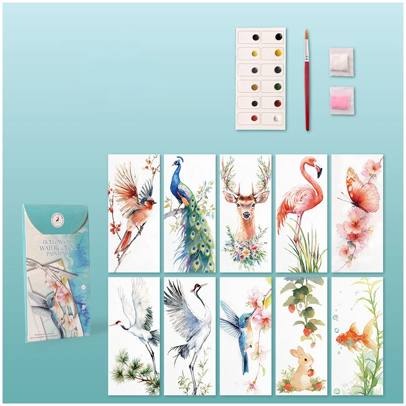 10 Blatt/Set Aquarell-Lesezeichen-Malset, DIY Aquarellpapier, handgefertigtes, tragbares Mal-Lesezeichen, Geschenk für Feiertage und Partys – Detail 9