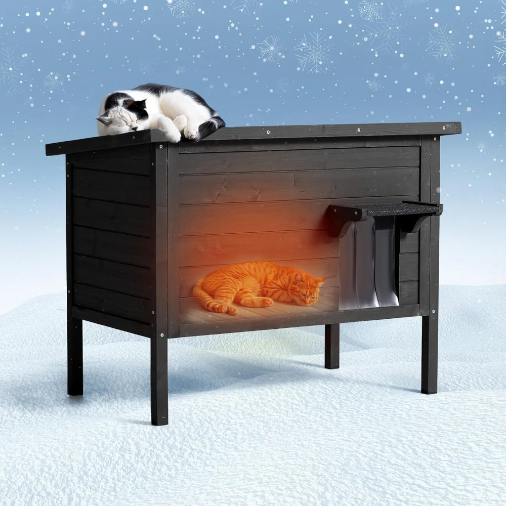 

Bed for Cats House PVC Door Flaps(Dark) Feral Cat House With Insulated All-Round Foam Wooden Cat Condos for Winter Outside Pet