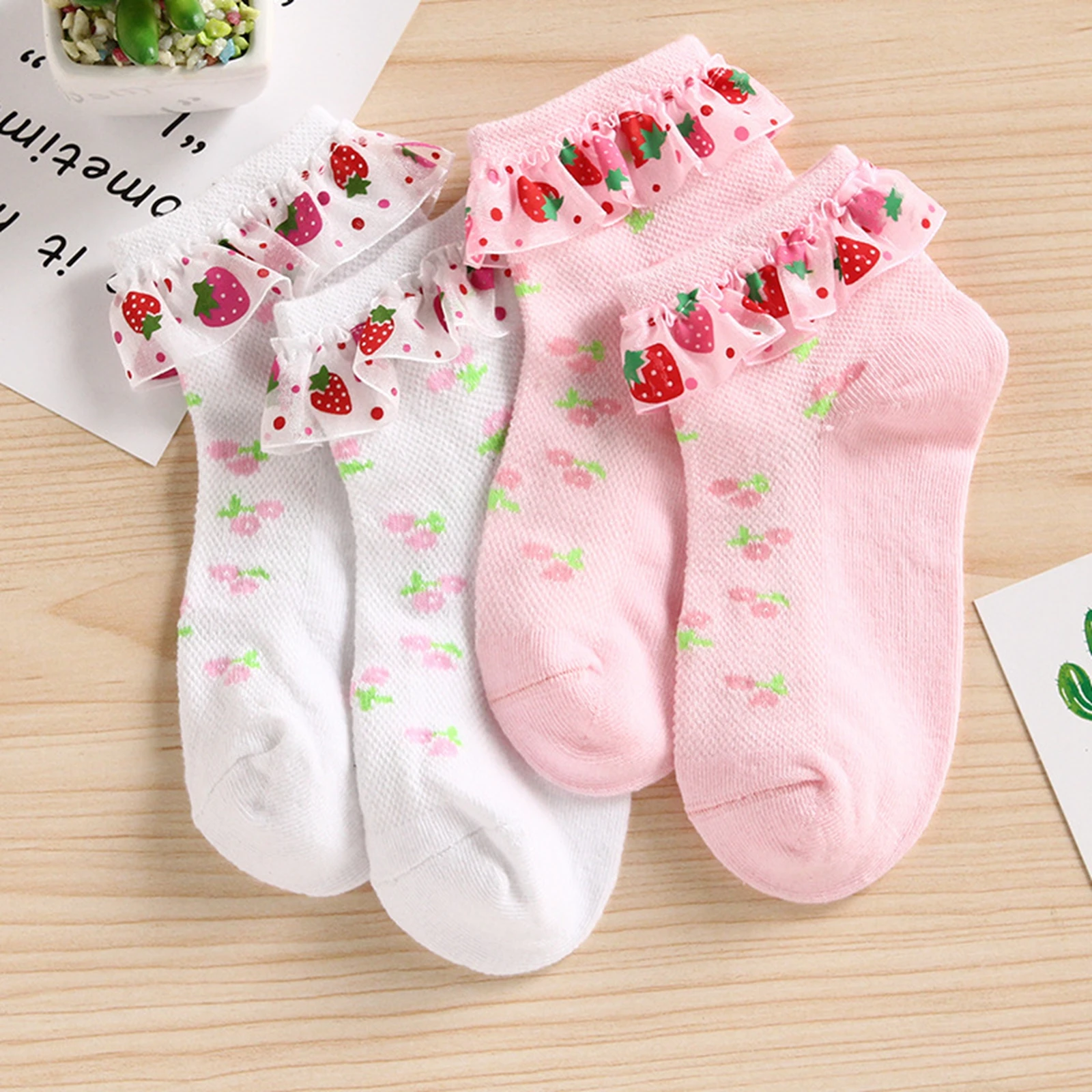 

3-12Y Sweety Girl Ruffle Lace Socks Strawberry Print Eyelet Ankle Socks Breathable Socks for Summer