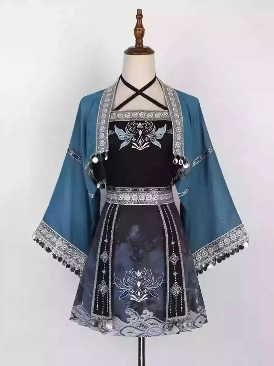 

Женский костюм Мяо в этническом стиле для косплея, короткая юбка Hanfu-Influence, китайская культурная мода для женщин