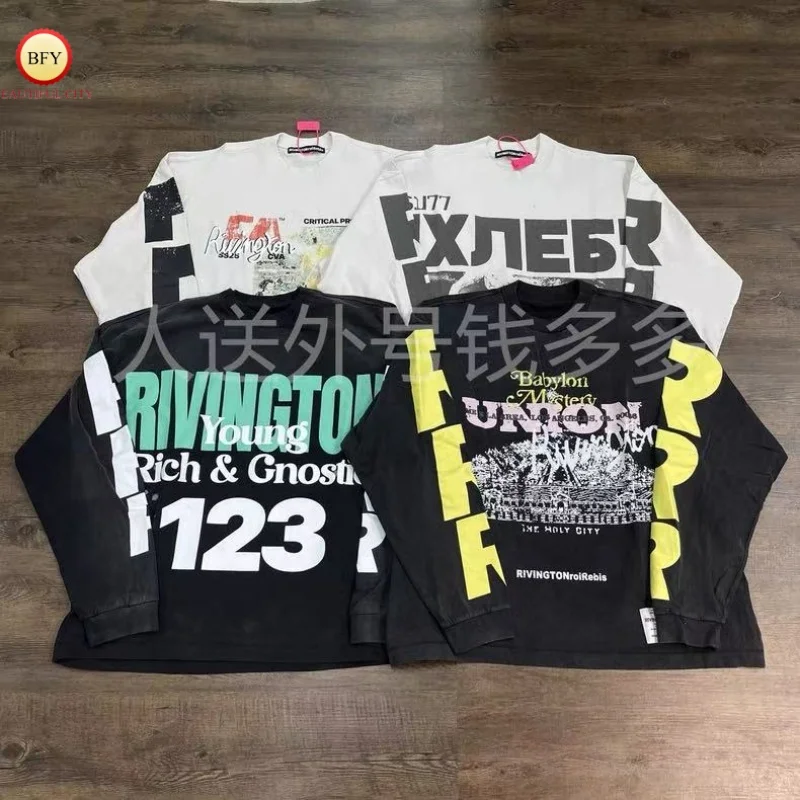 

Разноцветная 25SS RRR-123 Московская мытая футболка с круглым вырезом и длинными рукавами, мужская и женская хлопковая футболка большого размера