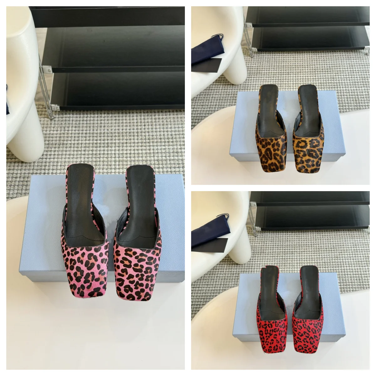 New French Outer Fashion Comfortable Ladies Baotou Half Slippers Leopard Print Low Heel Square Toe Mule Shoes Women