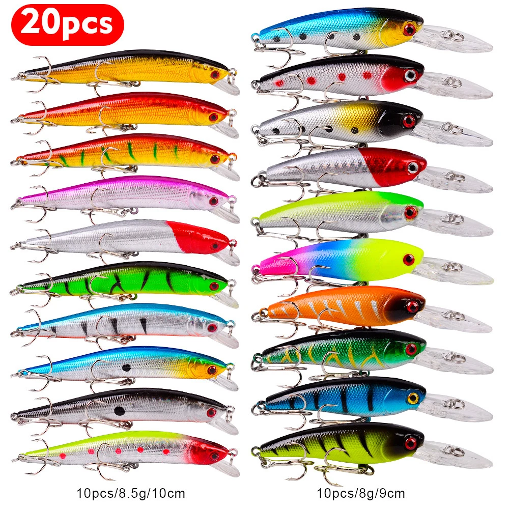 Bass Crank Bait Floating Minnow Lure Fishing Lures Kit Mixed Hard Bait with Treble Hook Lifelike 3D Fishing Eyes Swimbait