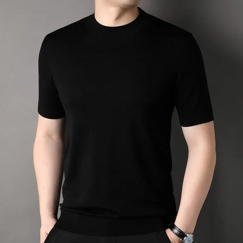 Worsted Mercerized Men Summer Short Sleeves T-shirt Versatile Fashion Male Clothing Half Turtleneck Casual Basic Knitted Tops