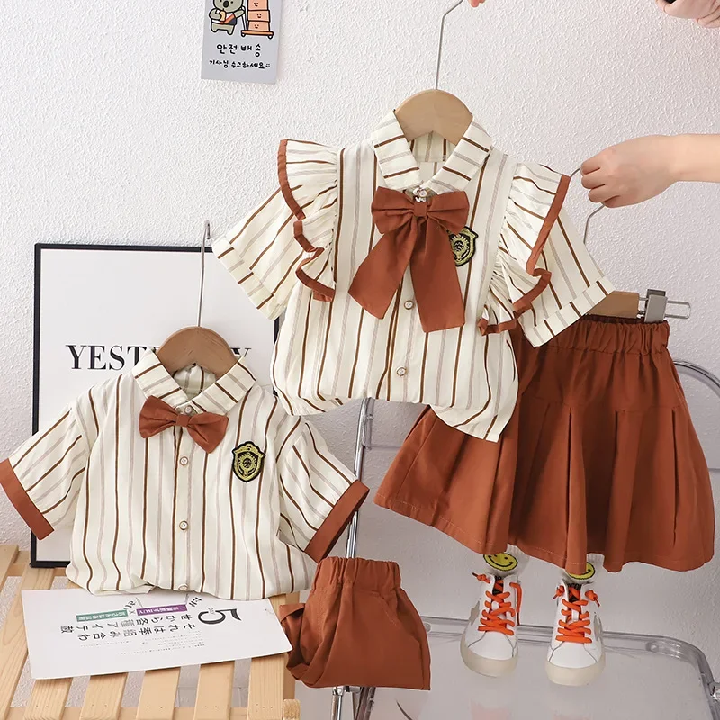 Boys Girls Clothes Sets Summer 2024 Children Cotton Shirts Skirts Shorts 2pcs Twins Suit For Baby Tracksuits Kids Outfits 3 4 5Y