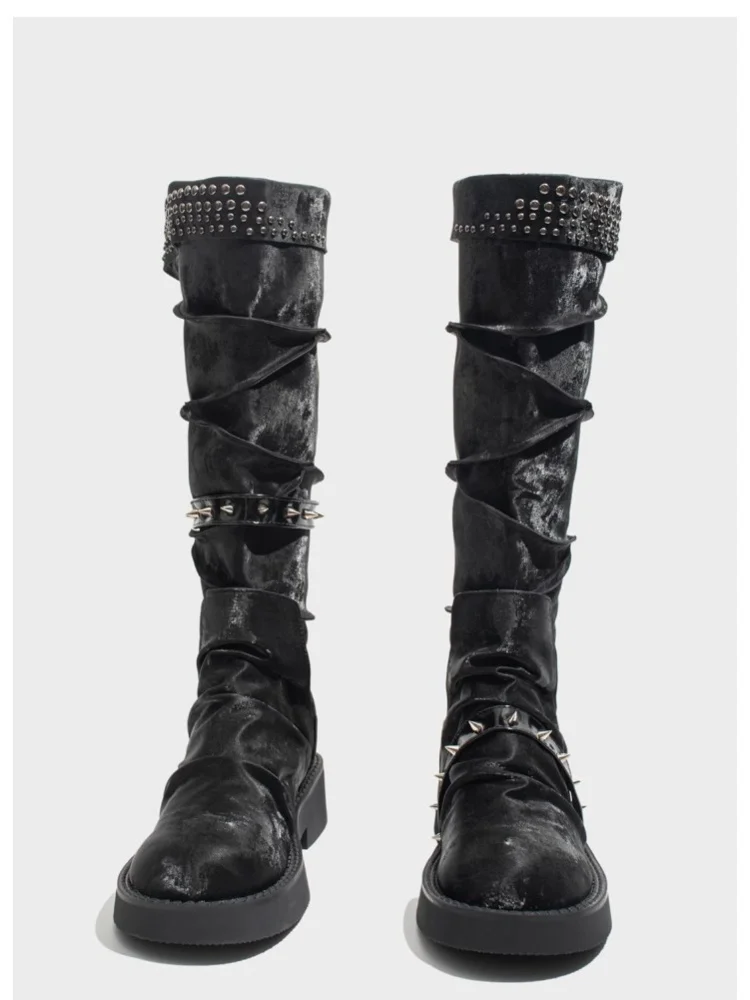 

Thick Soled Long Tube Boots for Women Metal Rivet Decor Knee High Knight Boots Spicy Girl Y2K High Tube Motorcycle Boots